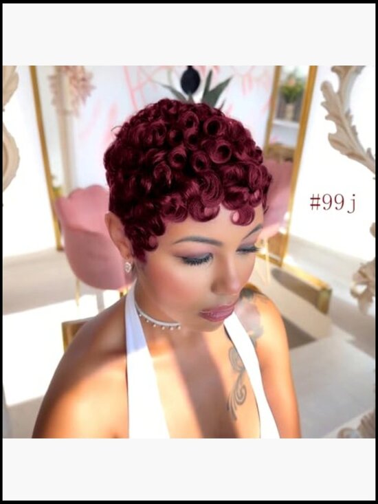 Short Layered Curly Human Hair Pixie Wig with Bangs 150% Density Glueless Daily main image 2